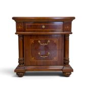 A small Continental style walnut and satinwood inlaid chest of three drawers. H.65 x W.65 x D.48cm