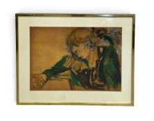 A large framed and glazed pastel portrait: Rhona with glass of beer, monogrammed and dated. H.83 x