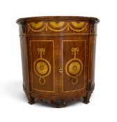 A demi lune console cabinet in the Sheraton style, mahogany and satinwood inlaid with swags and