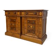 A Continental style walnut and satinwood inlaid side cabinet on twin pedestal bases. H.76 x W.120