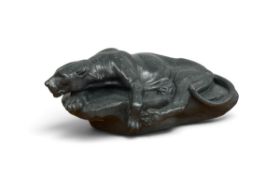 A Clovis-Edmond Masson style bronzed figure of a panther on a rock. H.8 x W.23cm
