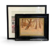 A framed and glazed photograph showing a section of the Berlin Wall and a 19th century framed and