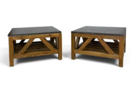 A pair of modern teak side or lamp tables with marble tops. H.42 x W.70 x D.70cm