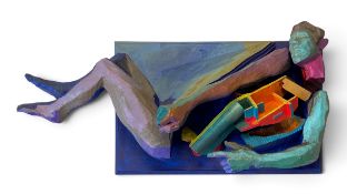 A contemporary Modernist style carved foamcore and acrylic wall sculpture titled 'Transplant