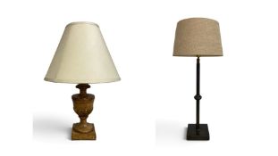 A carved and painted campana form table lamp and a modern metal table lamp. H.56cm and H.57cm