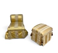 A small contemporary boudoir chair in butterfly decorated damask and a similar stool. Chair - H.66 x