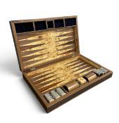 A modern backgammon board in a teak and faux shagreen case with maker's label. H.55 x W.34cm