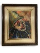 A mid century framed oil on canvas, stylised portrait study of a clown, signed to the reverse. H