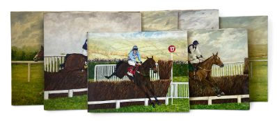 A set of seven contemporary horse racing themed oils on canvas. All signed A. Thomas. All