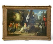 After David de Coninck, a large oil study of monkeys, a parrot and other exotic birds in the setting
