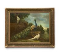 In the manner of Melchior D'hondecoeter, a gilt framed oil on canvas, a peacock, pheasant and a