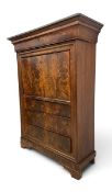 A 19th century flame mahogany escritoire cabinet desk with marble top above fall front revealing