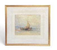 A 19th century glazed, framed and mounted watercolour of fisherman hauling in nets from the Yarmouth