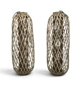 A large pair of contemporary wicker hurricane lanterns, glass inserts with handles. Pair H.119 x W.