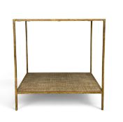 A pair of contemporary side or lamp tables, gilt metal and woven rattan fitted with undertier. H.