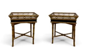 A pair of contemporary faux bamboo side or lamp tables with lift-off galleried tray tops. H.61 x W.