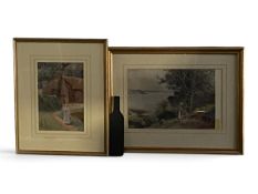 Two gilt framed and glazed late 19th/early 20th century watercolours, rural scenes with figures on a