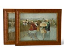 Viboon Chaidauang, a pair of oil paintings on canvas, south Asian women in rice fields, signed. H