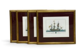 A set of four framed coloured prints of 19th century ships, after Fambrini, glazed and framed. H.