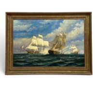 A very large early 20th century oil painting on canvas, 18th century warships engaged in a sea