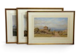 Three glazed, framed and mounted 19th century watercolours of figures in rural landscapes. Largest -