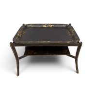 A 19th century papier mache tray on stand with hand decorated gilt foliate borders. H.47 x W.75 x