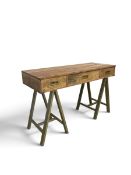 A contemporary campaign style teak console table or desk with brass handles on metal trestle