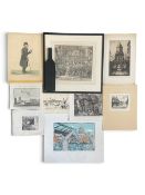 A miscellaneous collection of nine prints and etchings including one glazed and framed of a court