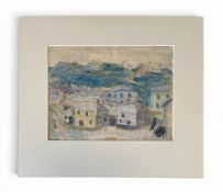 A 20th century watercolour depicting buildings on a hill in a townscape. Signed Dyson. Unframed. H.