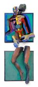 A contemporary Modernist style carved foamcore and acrylic wall sculpture in two parts titled '