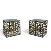 A pair of contemporary accent side tables, cube shaped brass latticework with plate glass tops. H.50