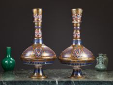 A LARGE PAIR OF LATE 19TH / 20TH CENTURY ENAMELLED GLASS AND GILDED VASES, POSSIBLY BROCARD, PARIS