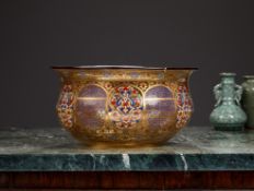 A VERY LARGE ENAMELLED AND GILDED GLASS BOWL, STYLE OF BROCARD, PARIS
