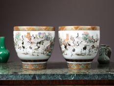 A LARGE PAIR OF JAPANESE MEIJI PERIOD KUTANI PORCELAIN JARDINIERES
