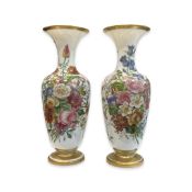 A FINE AND LARGE PAIR OF PAINTED OPALINE GLASS VASES ATTRIBUTED TO BACCARAT