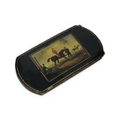 AN EARLY 19TH GERMAN STOBWASSER TYPE PAINTED LACQUER CARD CASE OF RACING THEME