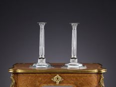 A PAIR OF MID 18TH CENTURY STERLING SILVER CORINTHIAN COLUMN CANDLESTICKS, LONDON, C. 1754