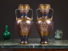A MASSIVE PAIR OF LATE 19TH / 20TH CENTURY ENAMELLED AND GILDED GLASS VASES ATTRIBUTED TO LOBMEYR