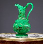 A FINE 19TH CENTURY BOHEMIAN URANIUM GREEN GLASS JUG DECORATED WITH ANIMALS