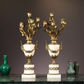 A FINE PAIR OF 19TH CENTURY FRENCH GILT BRONZE AND MARBLE CANDELABRA