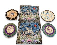 A PAIR OF CHINESE BUZI RANK BADGES TOGETHER WITH OTHER SILK EMBROIDERIES