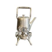 AN EARLY 20TH CENTURY ARTS AND CRAFTS STYLE SILVER PLATED KETTLE ON STAND