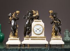 A LATE 19TH CENTURY FRENCH BRONZE AND MARBLE FIGURAL CLOCK GARNITURE