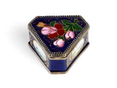 A LATE 19TH CENTURY AUSTRIAN ENAMEL AND SILVER TRIANGULAR PILL BOX