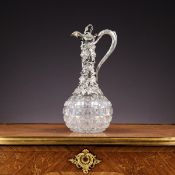 A FINE MID 19TH CENTURY STERLING SILVER AND GLASS VINE AND GRAPE CLARET JUG, C.1865
