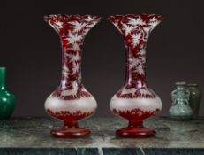 A FINE PAIR OF 19TH CENTURY BOHEMIAN STAINED RUBY AND ENGRAVED GLASS VASES