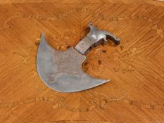 A 19TH CENTURY INDO PERSIAN SILVER DAMASCENED STEEL AXE HEAD