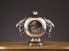A FINE JAPANESE MEIJI PERIOD SILVER AND GILT MOONFLASK VASE