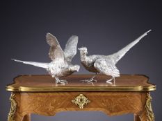 ASPREY: A LARGE PAIR OF STERLING SILVER MODELS OF PHEASANTS