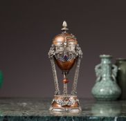 A SILVER, ENAMEL AND JEWELLED MUSICAL PENDULE A CERCLES TOURNANTS CLOCK